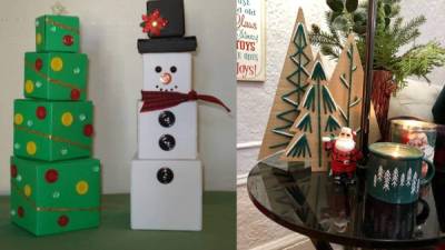 Con cajas puedes hacer desde un árbol de navidad hasta a un Frosty. Un par de mini pinos también.