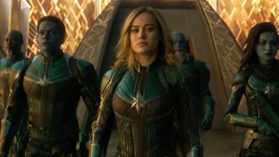 Fotografía cedida por Marvel Studios donde aparecen los actores (i-d) Djimon Hounsou como Korath, Algenis Perez Soto como Att-Lass, Brie Larson como Captain Marvel/Carol Danvers, Rune Temte como Bron-Char, y Gemma Chan como Minn-Erva, durante una escena de 'Captain Marvel'. EFE/Marvel Studios