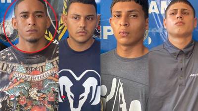 Rostros de los cuatro sospechosos capturados por la Fuerza Nacional Anti Maras y Pandillas.