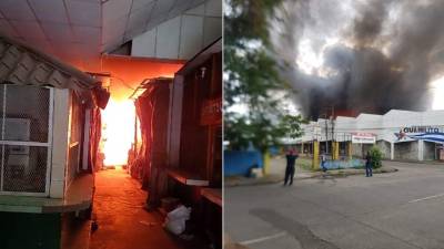 Un incendio consumió varios locales del histórico Mercado Guamilito de San Pedro Sula. Un mercado municipal que cuenta con locales de artesanías, recuerdos, comida y flores. Fotos: José Cantarero/Óscar Lóprez/redes sociales