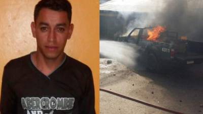 El soldado acusado Arlin Samir Díaz y la patrulla incendiada en Olancho.