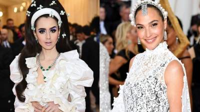 Los accesorios se rinden ante el blanco: las perlas en collares y vinchas son un ejemplo. Aquí Lily Collins y Gal Gadot.