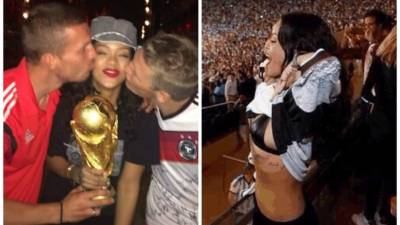 Rihanna, entre Podolski (izq.) y Schweinsteiger.