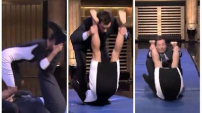 Durante el programa 'The Tonight Show', la actriz Halle Berry fue retada por el presentador Jimmy Fallon a realizar una 'rueda humana'. Foto YouTube