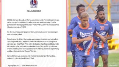 El Olimpia emitió este comunicado sobre el tema de José Mario Pinto y John Paul Suazo.