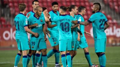 El festejo de los jugadores del Barcelona tras el gol de Martin Braithwaite ante el Mallorca.
