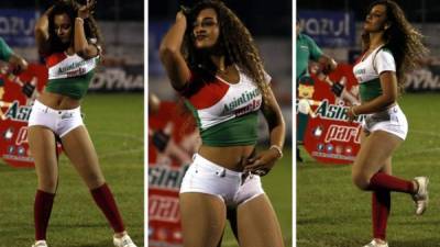 Ella es Diana Johnson, la famosa colocha que engalanó el partido entre Platense y Motagua en el estadio Excélsior de Puerto Cortés. Fotos cortesía Delmer Martínez