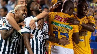 Dorlan Pabon (R) of Mexico's Monterrey vies for the ball with of Mexico's Tigres Jesus Duenas (L) during the CONCACAF Champions League football match at the BBVA Bancomer stadium in Monterrey, Mexico, on May 1, 2019. (Photo by Julio Cesar AGUILAR / AFP)