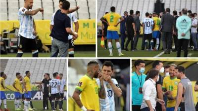 Las imágenes del escándalo del partido Brasil-Argentina que fue interrumpido por autoridades sanitarias brasileñas a los pocos minutos de iniciar y finalmente quedó suspendido, confirmado por la Conmebol. Foto AFP/EFE