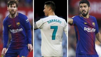 Messi, Cristiano Ronaldo y Luis Suárez luchan por ser el máximo goleador de la Liga Española 2017-2018.