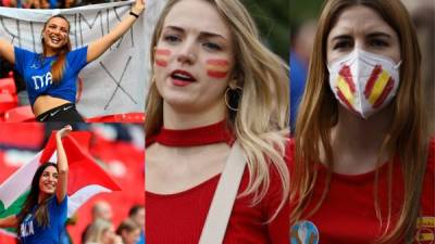 Italianas y españolas adornaron con su belleza el duelo de semifinal de la Eurocopa que se ha realizado en Wembley. Fotos AFP y EFE.
