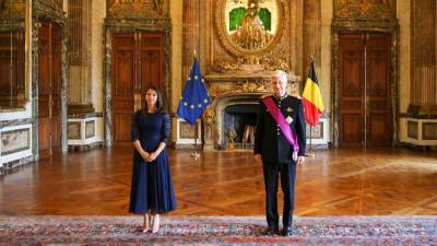 Zoila Yanira Müller Goff, embajadora de Nicaragua en Bruselas, cuando presentó sus credenciales al rey Felipe de Bélgica, el 29 de junio de 2022.