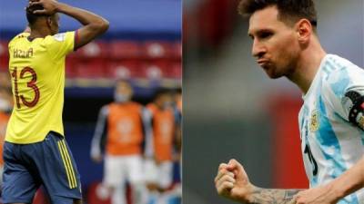 El colombiano Yerry Mina falló su penal e inmediatamente Lionel Messi le dejó unas palabras. Fotos AFP y EFE.