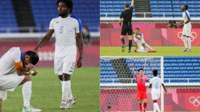 La Sub-23 de Honduras fue goleada 6-0 por Corea del Sur y de esta manera se despide de los Juegos Olímpicos de Tokio 2020. Tras el final del juego, la tristeza fue evidente en el combinado catracho. Fotos AFP.