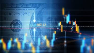 Financial data analysis graph showing market trends over one hundred American dollar bill on a digital display. Selective focus. Horizontal composition with copy space.