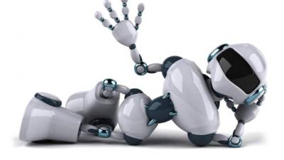 Chat bot , Robo everywhere and future marketing concept. Human hand holding white phone , application ui and robot icons with city sunset background