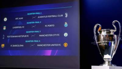 El trofeo de la UEFA Champions League junto a los emparejamientos de cuartos de final. Foto EFE