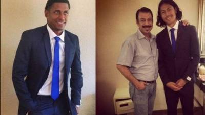 Carlo Costly luce el diseño de Yoyo Barrientos. En la segunda imagen el diseñador con el mediocampista Roger Espinoza.