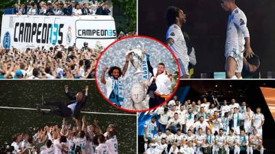 Los jugadores del Real Madrid festejaron la decimotercera Champions League con los aficionados merengues en la Plaza Cibeles y terminaron la fiesta en el estadio Santiago Bernabéu.