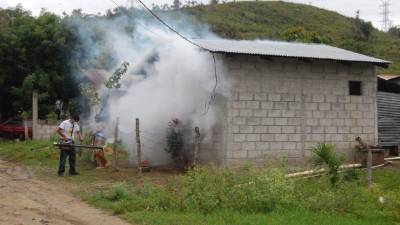 Una mujer sale de su casa cargandoa su hijo en la aldea El Ocotillo, mientras un empleado municipal fumiga.