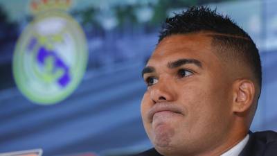 Casemiro durante la rueda de prensa con motivo de su despedida este lunes en la Ciudad Deportiva de Valdebebas, Madrid.