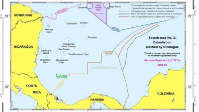 Imagen del mapa facilitado por la Corte Penal Internacional de La Haya con la delimitación que reclama Nicaragua en el litigio con Colombia. EFE/Archivo