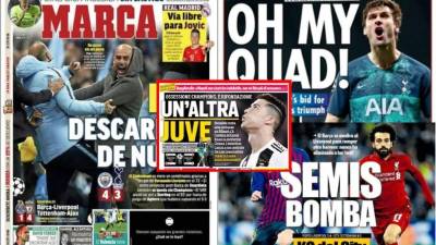 La eliminación del Manchester City de Pep Guardiola en la Champions League, el duelo de semifinales Barça-Liverpool y Cristiano Ronaldo copan las portadas deportivas de este jueves 18 de abril de 2019.