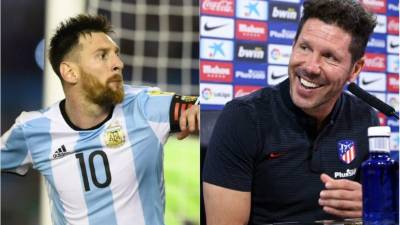 Lionel Messi delantero argentino del Barcelona y su compatriota Diego Pablo Simeone técnico del Atlético de Madrid.