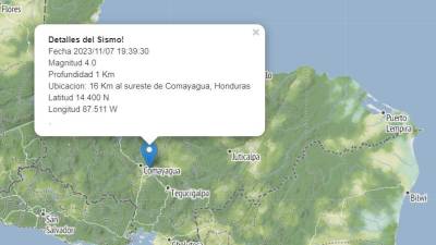 Localización del sismo registrado este martes 7 de noviembre de 2023 en la región central de Honduras.
