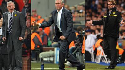 Los extécnicos Alex Ferguson del Manchester United, Jupp Heynckes del Bayern Múnich y el actual responsable del Borussia Dortmund, Jurgen Klopp.