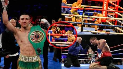 Las imágenes de la victoria contundente de Teófimo López por nocaut sobre el finlandés Edis Tatli y como celebró el boxeador hondureño tras derribar a su rival. Fotos Jonathan Loarca y AFP