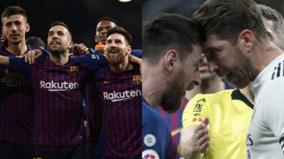 El Barcelona dio un golpe de autoridad a la Liga este sábado al ganar 1-0 en el campo del Real Madrid en la 26ª jornada del campeonato español. Messi tuvo fuerte encontronazo con Sergio Ramo; Piqué fue insultado por el Bernabéu y tuvo su reacción. Fotos AFP.