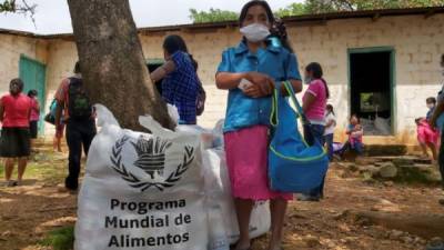 El Programa Mundial de Alimentos de las Naciones Unidas (PMA) muestra un saco con alimentos entregado a una mujer en la población de Guajiquiro, departamento de La Paz. EFE