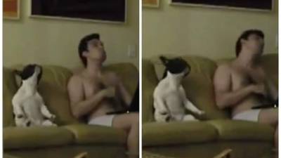 Claramente se aprecia que esta no es la primera vez que este dúo: cachorro - amo, practican sus pasos de baile y logran a quienes lo ven, morirse de risa. Foto YouTube