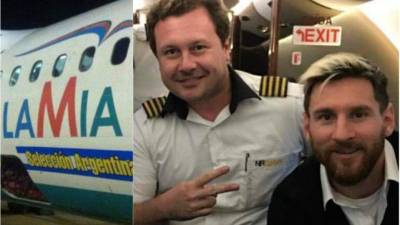 Messi se fotografió con los pilotos de la aeronave siniestrada anoche en Colombia. Foto Twitter.