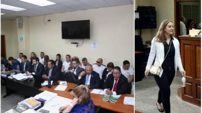 Siete defensas de los 12 acusados de lavado de activos ayer en la Sala I del Tribunal de Sentencia. Tesla Ortega Valle llegando al juicio.