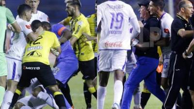 Real España se bajó al Olimpia al vencerlo 2-1 en el estadio Olímpico en un partido accidentado. El encuentro estuvo lleno de polémica al extremo de que se registraron siete expulsiones, entre ellas Pedro Troglio que perdió el control tras el final del juego.