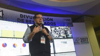 El magistrado del TSE, David Matamoros, durante la conferencia de prensa este mediodía.