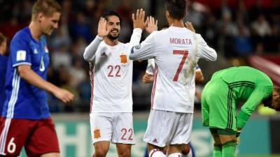España goleó por 0-8 a Liechtenstein camino al Mundial de Rusia 2018. Foto AFP