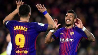 Luis Suárez y Paulinho fueron los goleadores del Barcelona contra el Deportivo La Coruña. Foto AFP