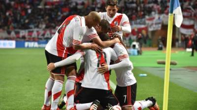 Jugadores de River Plate celebrando el gol del triunfo en las semifinales del Mundial de Clubes. Foto AFP