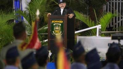 Nicaragua's President Daniel Ortega delivers a speech during a ceremony as Commander in Chief of the Nicaraguan Army General Julio Avilesas Aviles is sworn in for his third consecutive term as head of the army at Revolution Square in Managua, on February 21, 2020. (Photo by INTI OCON / AFP)