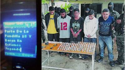 A la izquierda; imagen de uno de los mensajes de texto amenazante encontrado en un celular decomisado a los detenidos. Los supuestos mareros capturados junto con las evidencias.