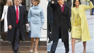 Donald Trump y Melania Trump en la toma de posesión de 2017; Barack Obama y Michelle Obama el día de la asunción en 2009.