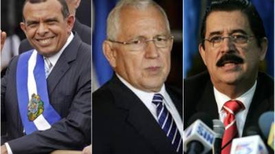 Los expresidente de Honduras Porfirio Lobo, Roberto Micheletti y Manuel Zelaya.