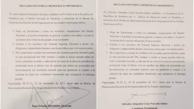 Estas son las dos actas firmadas por los candidatos Juan Orlando Hernández y Salvador Nasralla ante la OEA, donde se comprometieron a aceptar los resultados oficiales e hicieron un llamado a sus seguidores a la calma.