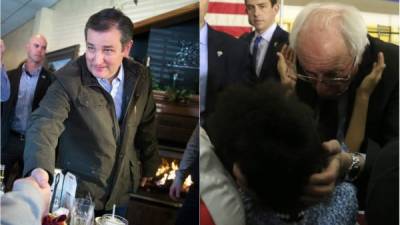 Ted Cruz saluda a un ciudadano en Wisconsin y Bernie Sanders también se acerca a los electores.