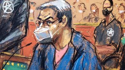 Ilustración del expresidente de Honduras, Juan Orlando Hernández, en una audiencia.