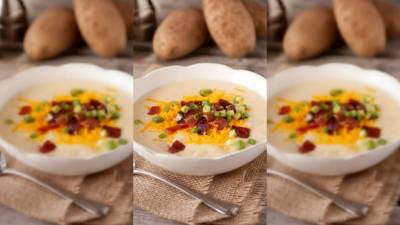 Al servir la crema de papa agregarle queso, cebollíin y tocino.