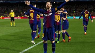 GRAF2358. BARCELONA, 14/3/2018.- El delantero argentino Leo Messi celebra el tercer gol del equipo blaugrana durante el partido correspondiente a la vuelta de octavos de final que disputan esta noche frente al Chelsea en el estadio del Camp Nou. EFE / Enric Fontcuberta.